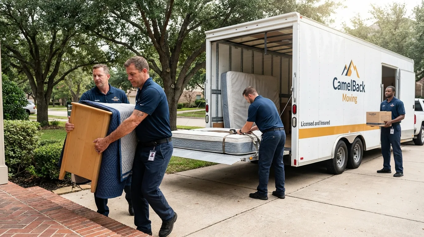 Crew loading residential truck for cross-state move from Batavia, NY