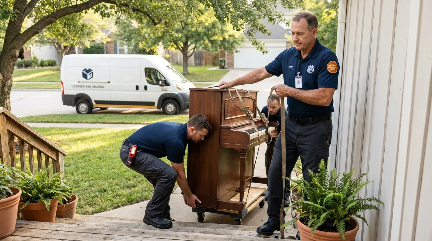 Licensed piano movers securing grand piano in Batavia, NY