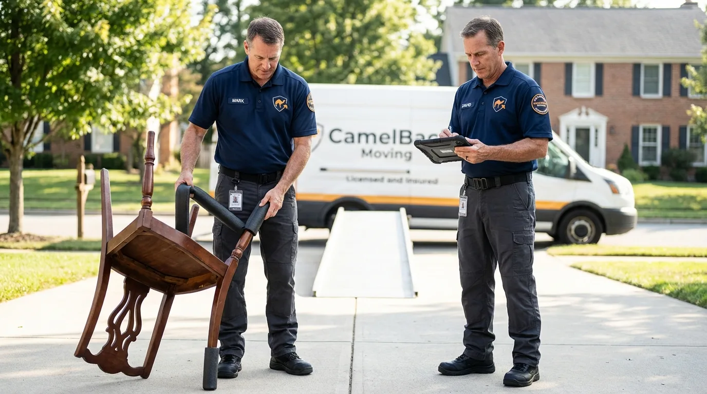 Movers inspecting furniture for damage prevention before loading in Batavia, NY
