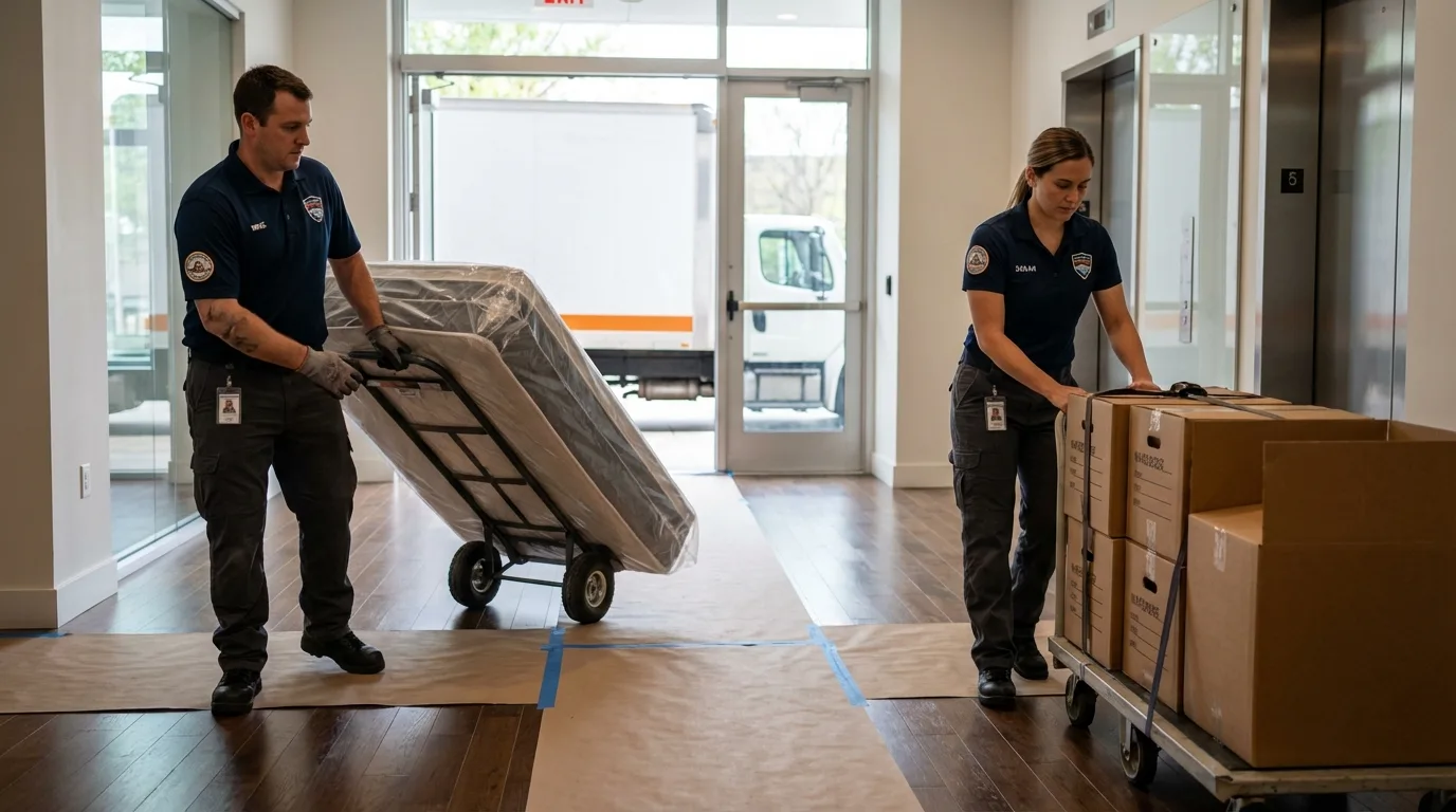 Professional apartment movers loading elevator in Batavia, NY