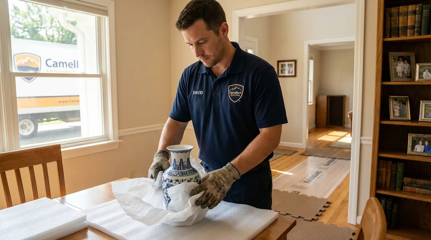 Professional crew carefully wrapping antique vase for senior downsizing move in Batavia, NY